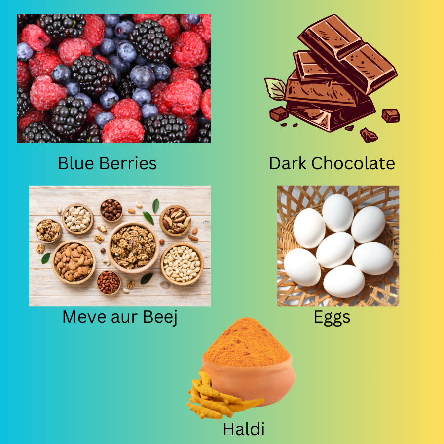 Blue Berries, Dark chocolate, Meve aur Beej, Eggs, Haldi